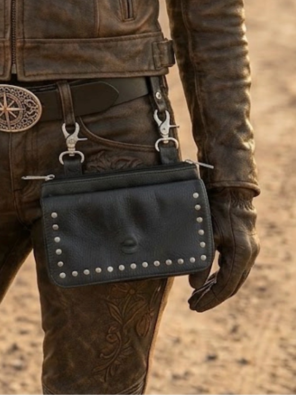 100% Leather Studded Belt Loop Hip Clip Biker/Festival/Concert Pouch 4.5"x7"